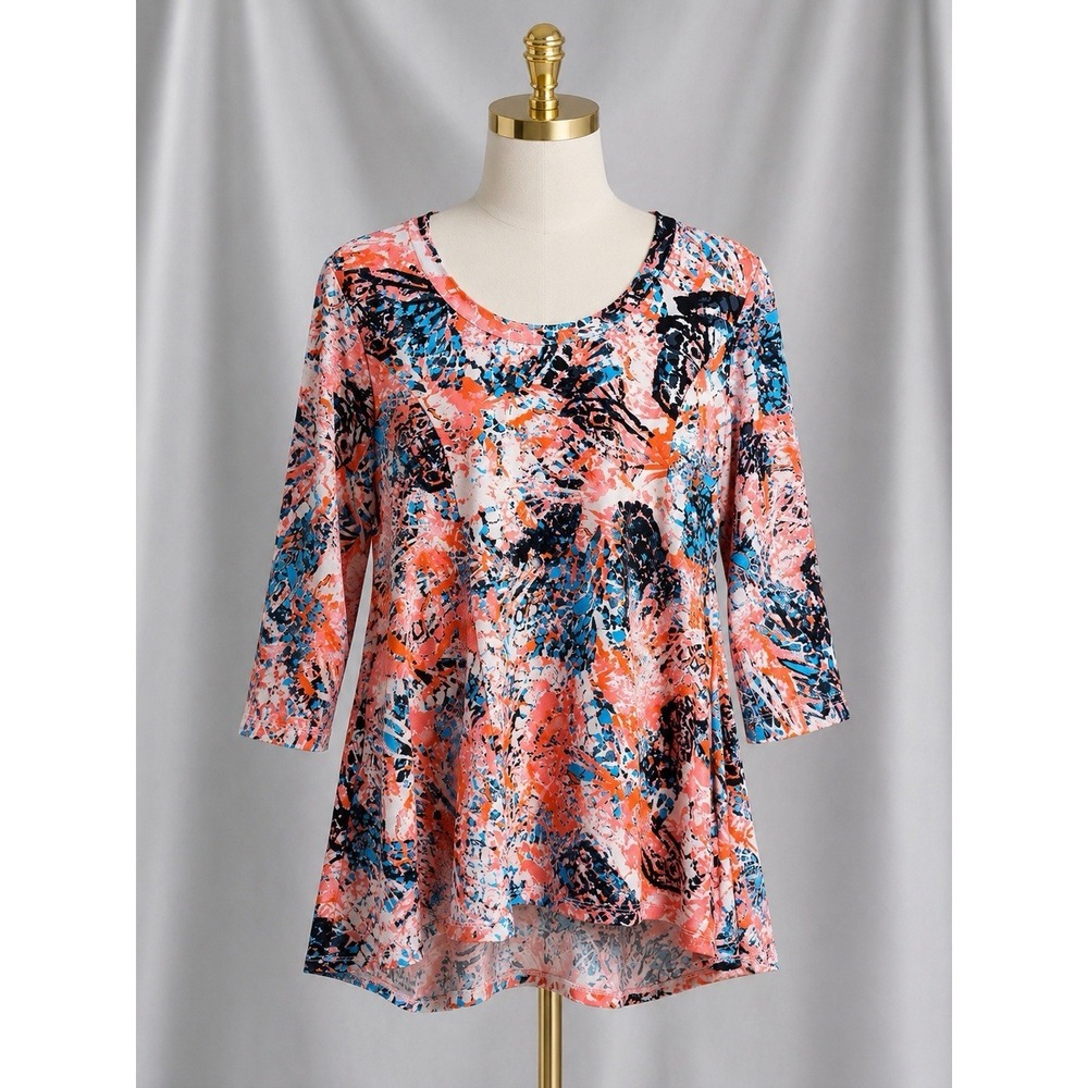 Attitudes by Renee Como Jersey Godet Tunic Seaming Top Orange Print Size MP